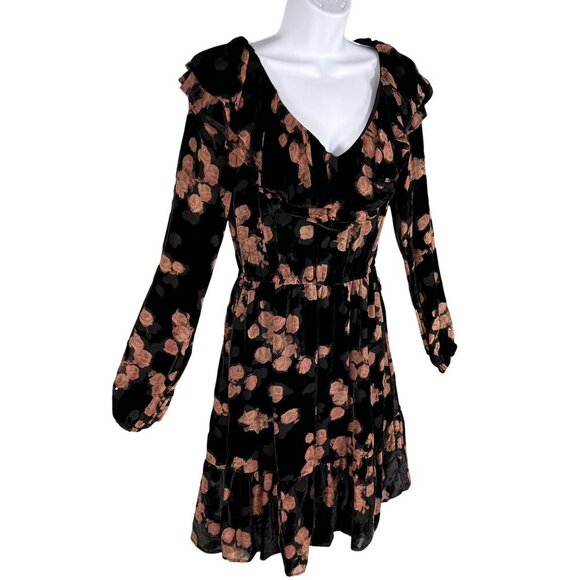 MICHAEL Michael Kors S Velvet Burnout Floral Long Sleeve Ruffle Silk Blend Dress - Picture 6 of 16
